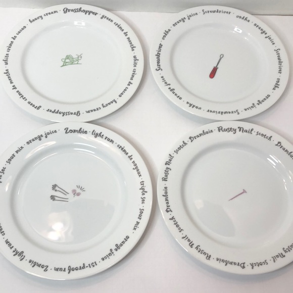 Set of 4 Pottery Barn 8 inch Appetizer Plates Bar Lingo Mixed Drinks - Picture 1 of 3